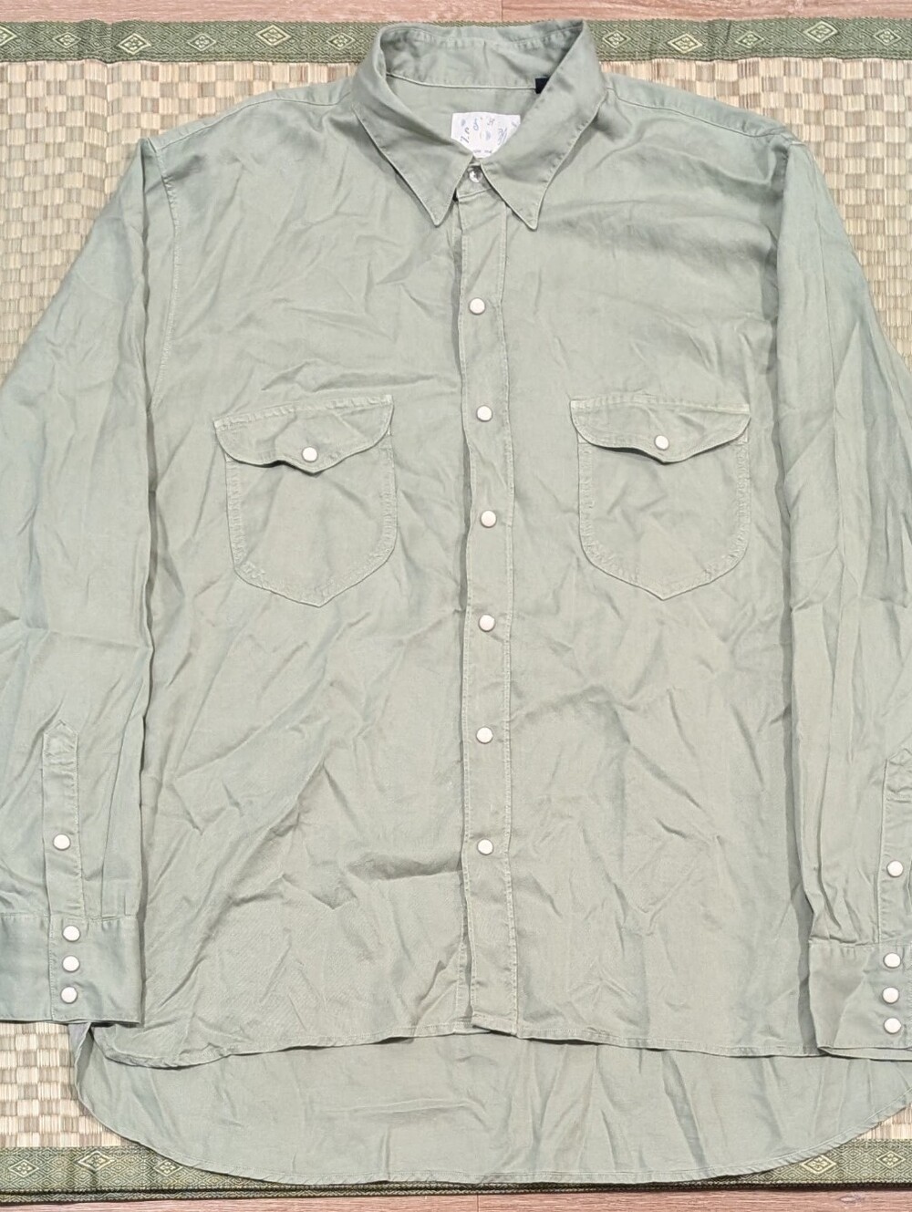 Wythe Tencel Gabardine Pearl Snap Shirt Sage Men's Size XL Made in Portugal